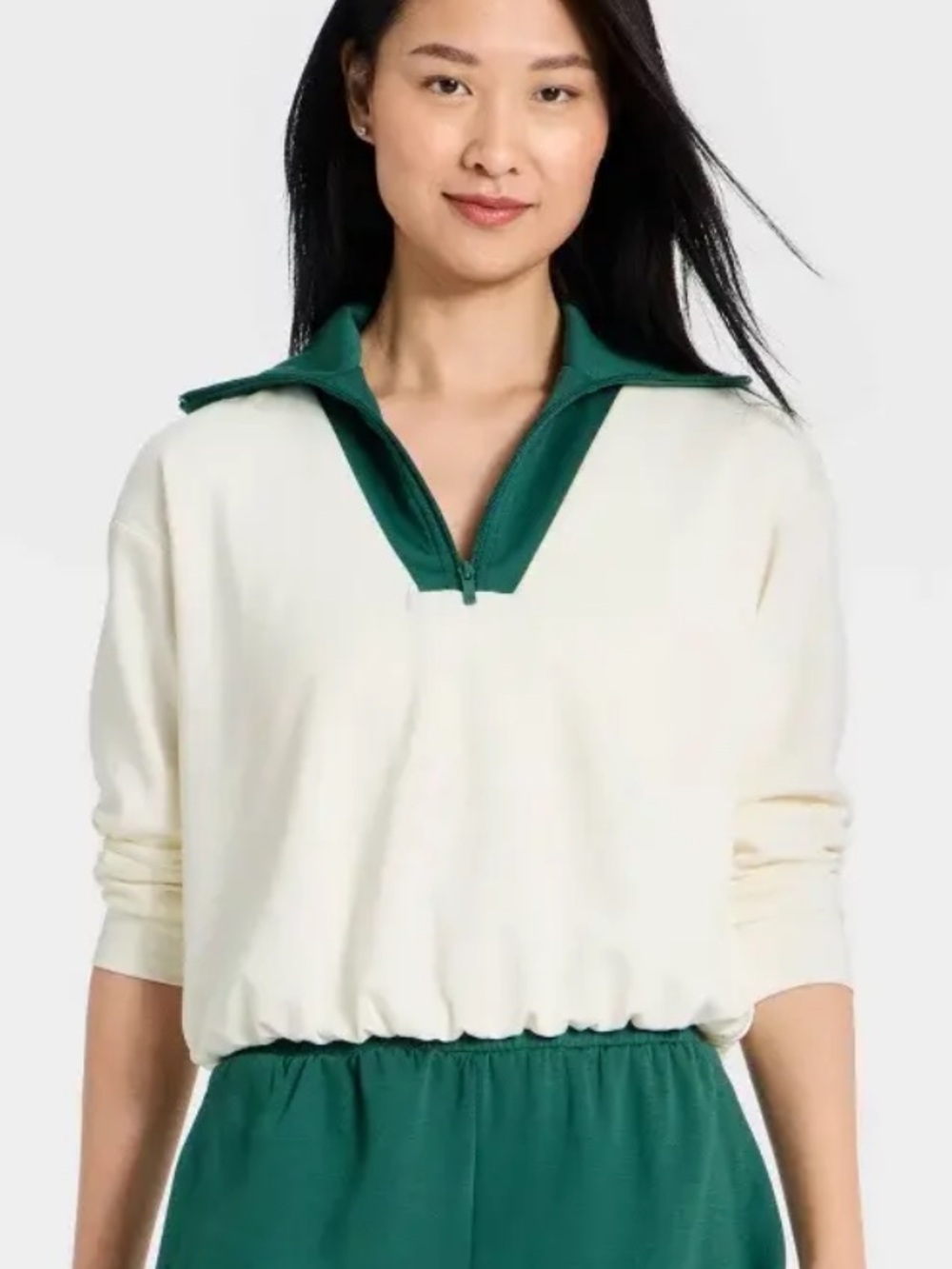 all in motion Cream Pullover with Green Quarter-Zip Collar 4 - Picture 1 of 4